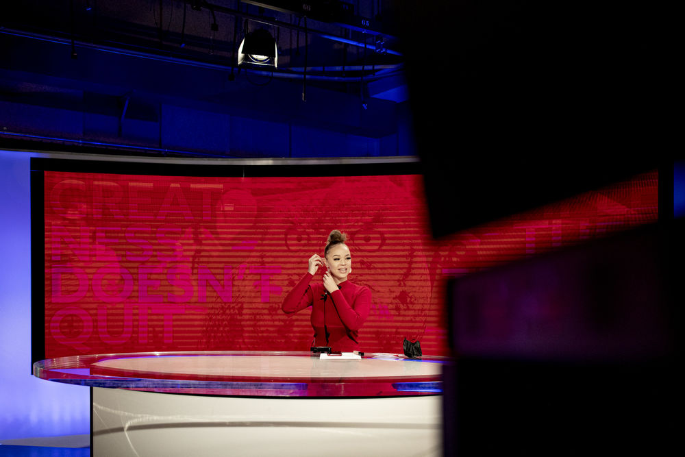 A student in the MSP program presents during a class shoot.