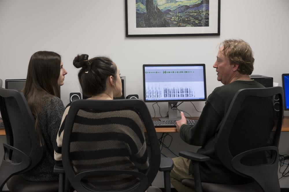 Public health students in a language lab with professor