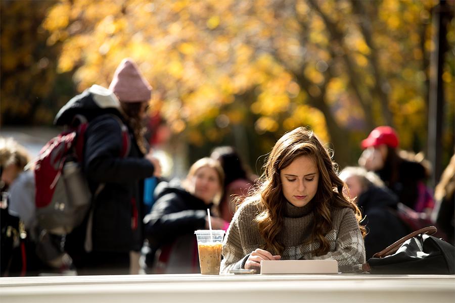 College student studying outdoors at a picnic table