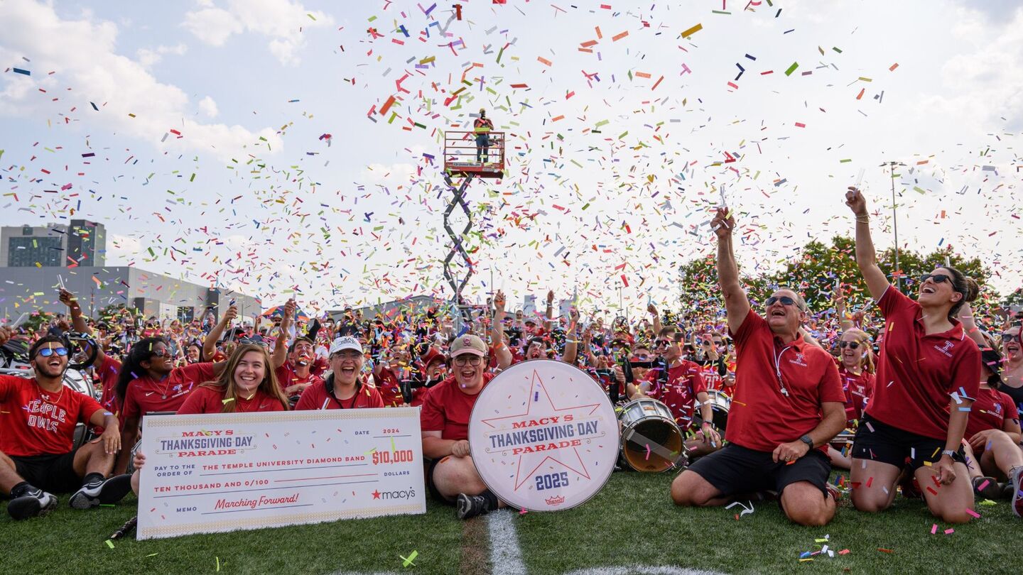 The Diamond Marching Band looking happy amid confetti 